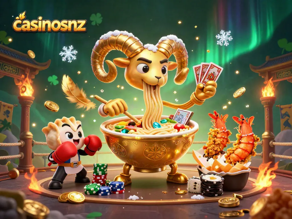 Experience excitement at casinosnz with giant ramen bowl characters in a vibrant casino scene.