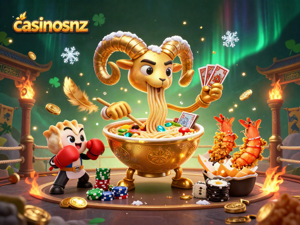 Experience excitement at casinosnz with giant ramen bowl characters in a vibrant casino scene.