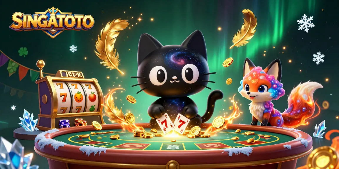 SINGATOTO menarik chip emas dan kartu di meja kasino dengan karakter kartun yang menggoda.