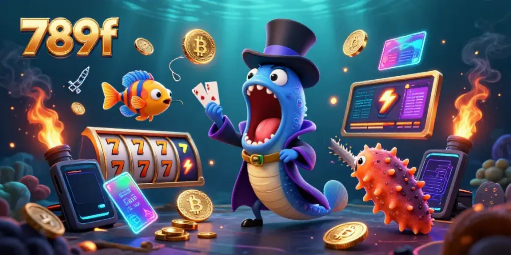 Engage with 789f's vibrant casino magic scene featuring animated oceanic characters and glowing crypto elements.