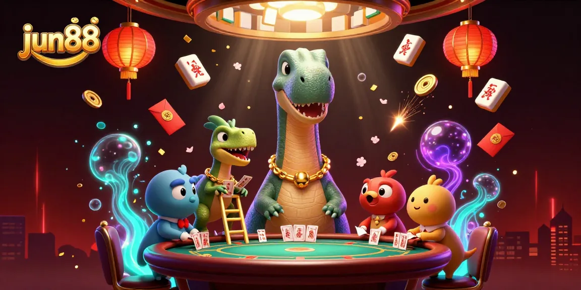 Experience thrilling moments at jun88 with a giant brontosaurus as the dealer in a vibrant casino.
