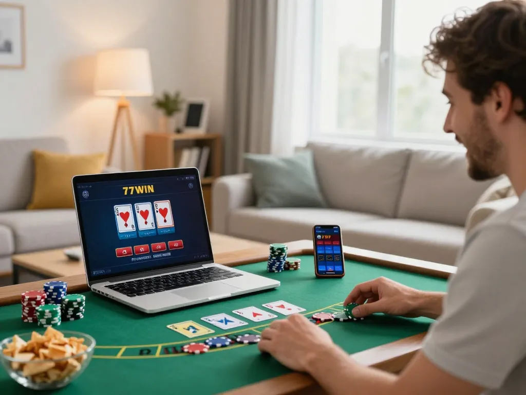 Player engaging in online 77WIN blackjack from home, showcasing a vibrant gameplay moment.