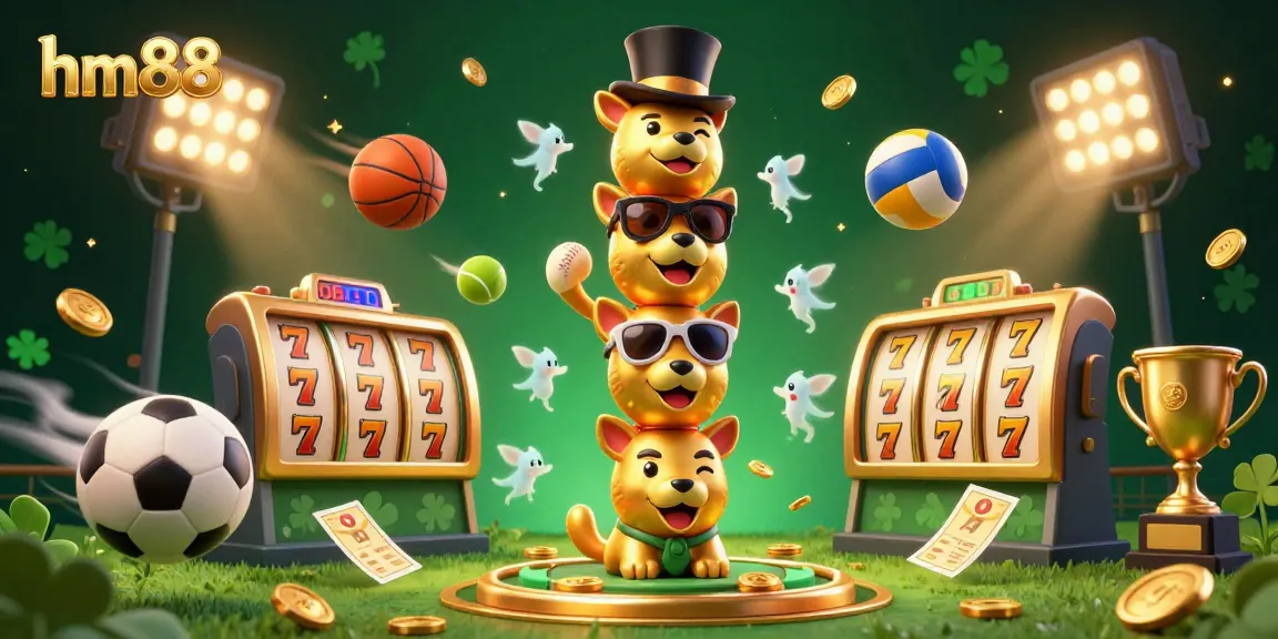 Join the excitement with hm88 at this vibrant casino-themed scene featuring dynamic slot game elements and a golden totem.