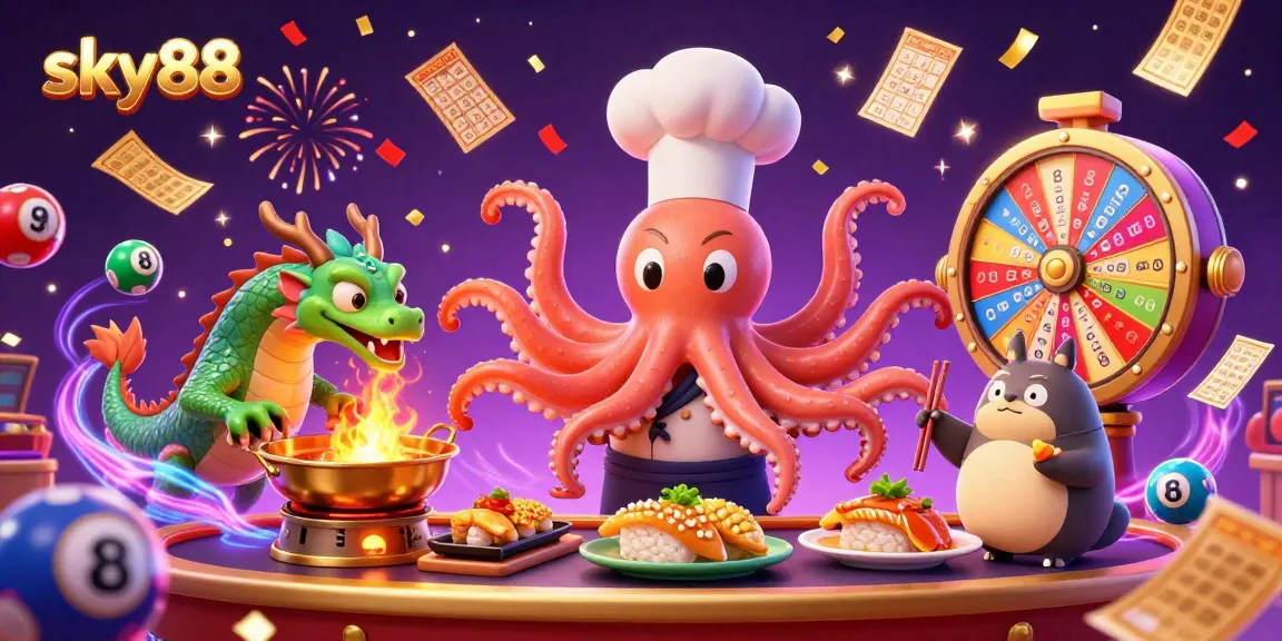 Experience the vibrant sky88 casino atmosphere with a sushi chef octopus and a dragon companion in this detailed illustration.