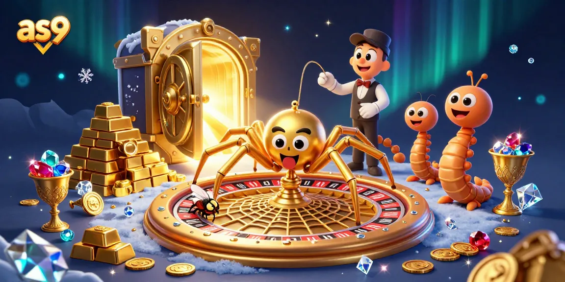 Engage with as9 slots and roulette in a vibrant casino scene featuring a golden spider and treasures.