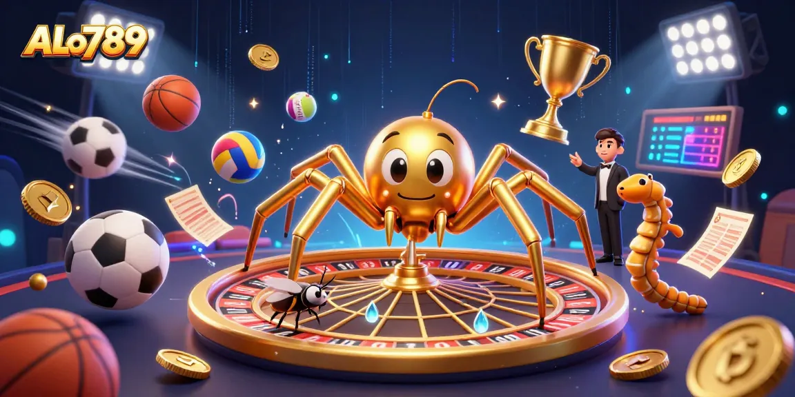 Place your bets at ALo789 with excitement, featuring a golden spider roulette scene.