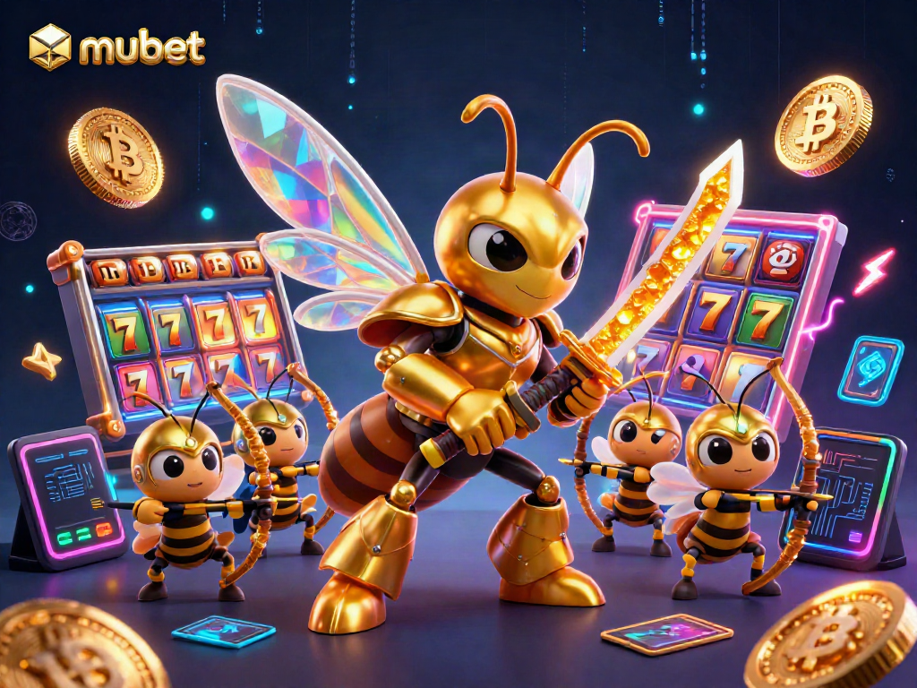 Engage with mubet's vibrant casino scene featuring a golden hornet samurai and dynamic slot reels.
