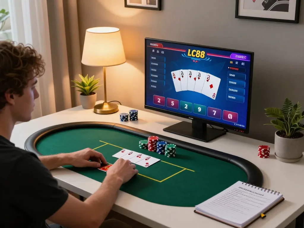 Engaging LC88 poker gameplay displayed on a modern screen with chips and gambling notes.
