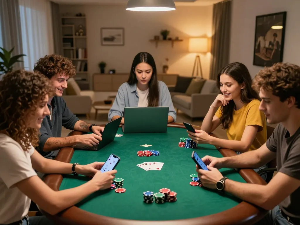 rokok88 players engaging in a lively online poker game, colorful chips and laptops creating excitement