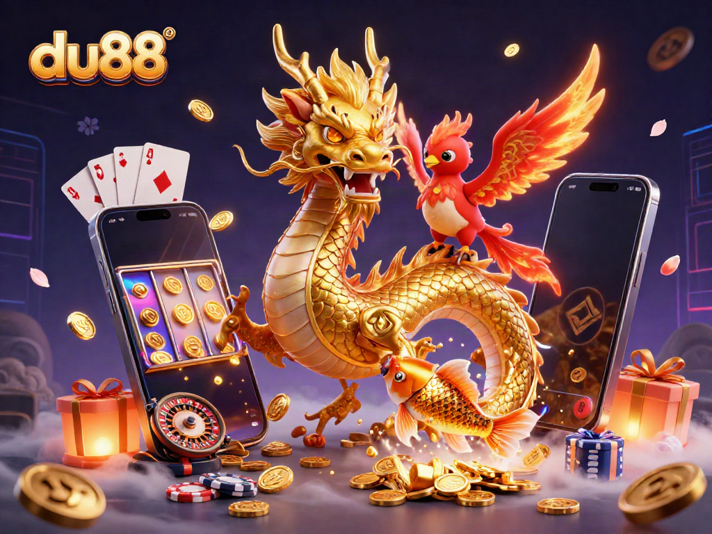Experience thrilling gameplay at du88 with a golden dragon, phoenix, and koi amidst casino delights.