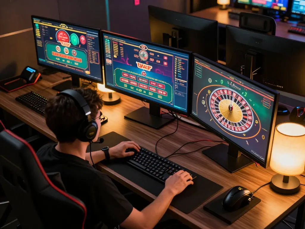 CM88 player strategizing during online gaming session at a multi-monitor setup.
