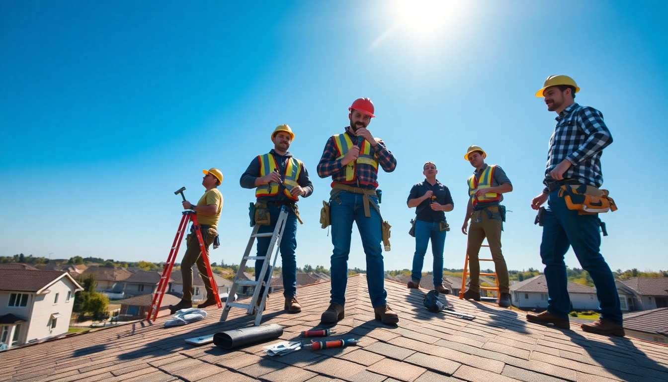 Roofing company team inspecting a roof, demonstrating expert craftsmanship and safety.