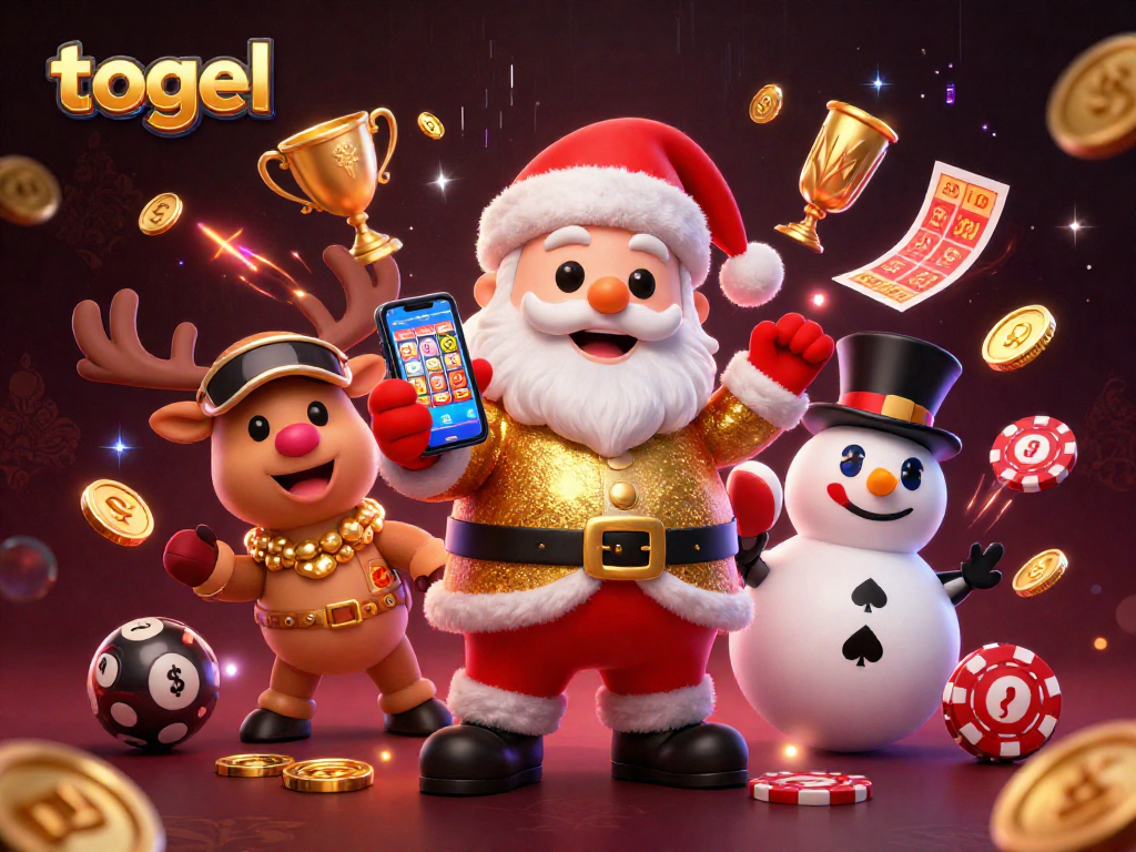 Engaging illustration showcasing togel with festive characters like Santa, reindeer, and snowman, surrounded by lottery elements.