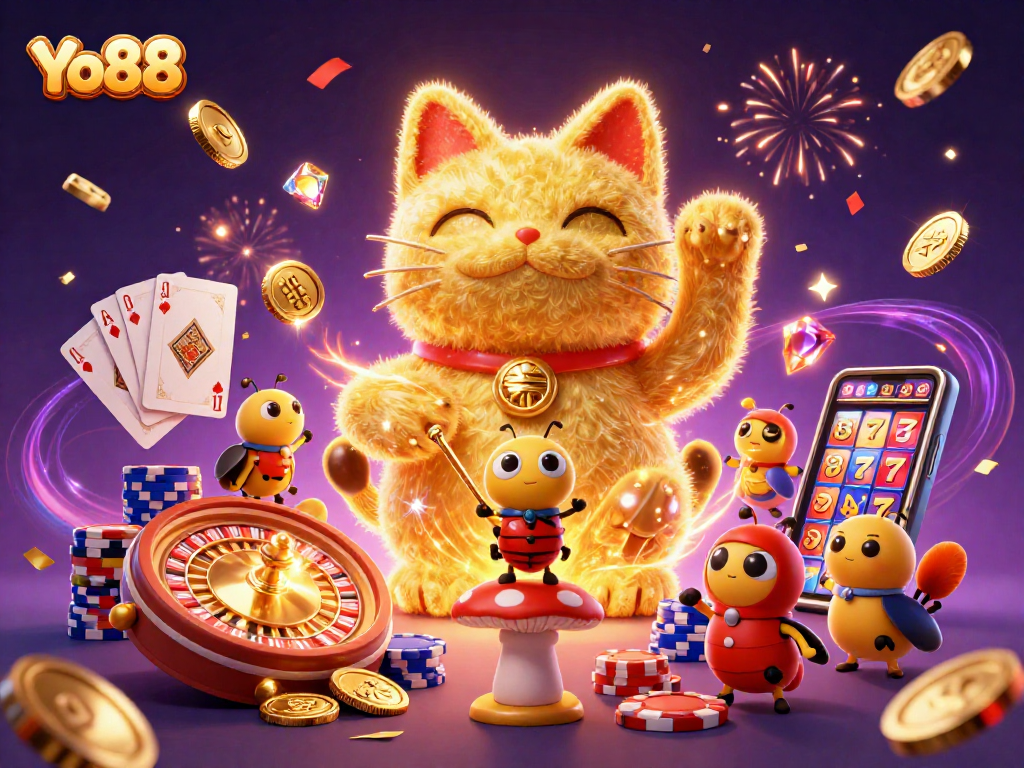 Experience thrilling gameplay with Yo88's lucky cat cartoon scene full of casino elements.
