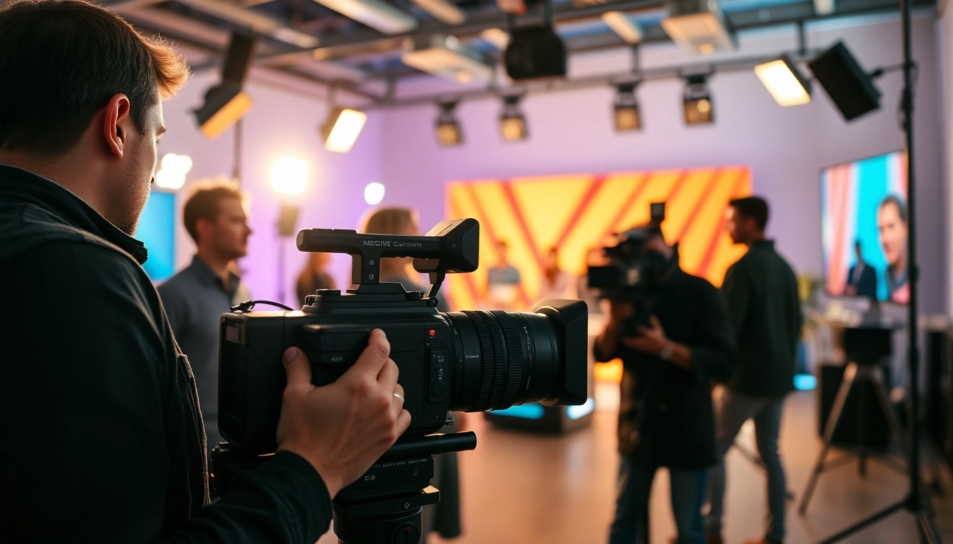 Engaging scene of Professional Video Production team in a vibrant studio environment.