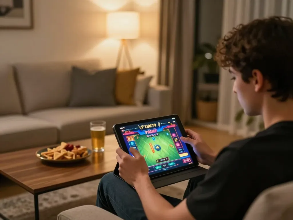 Engaging in FUN79 game on tablet in cozy living room, showcasing online gambling experience.