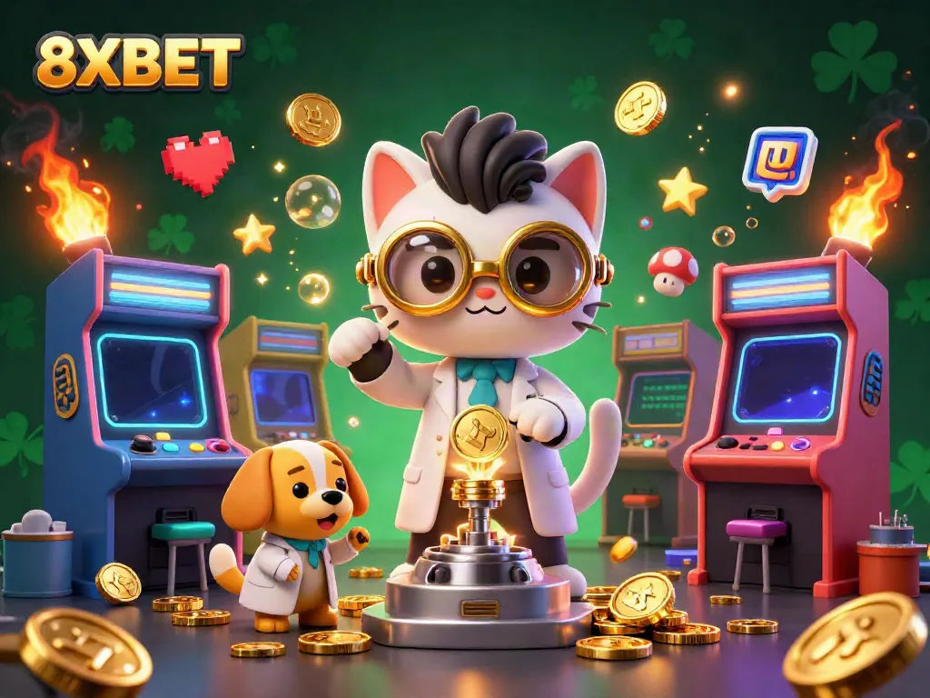 Engage with the 8XBET cartoon scene featuring a mad scientist cat creating gold coins with vibrant gaming elements.