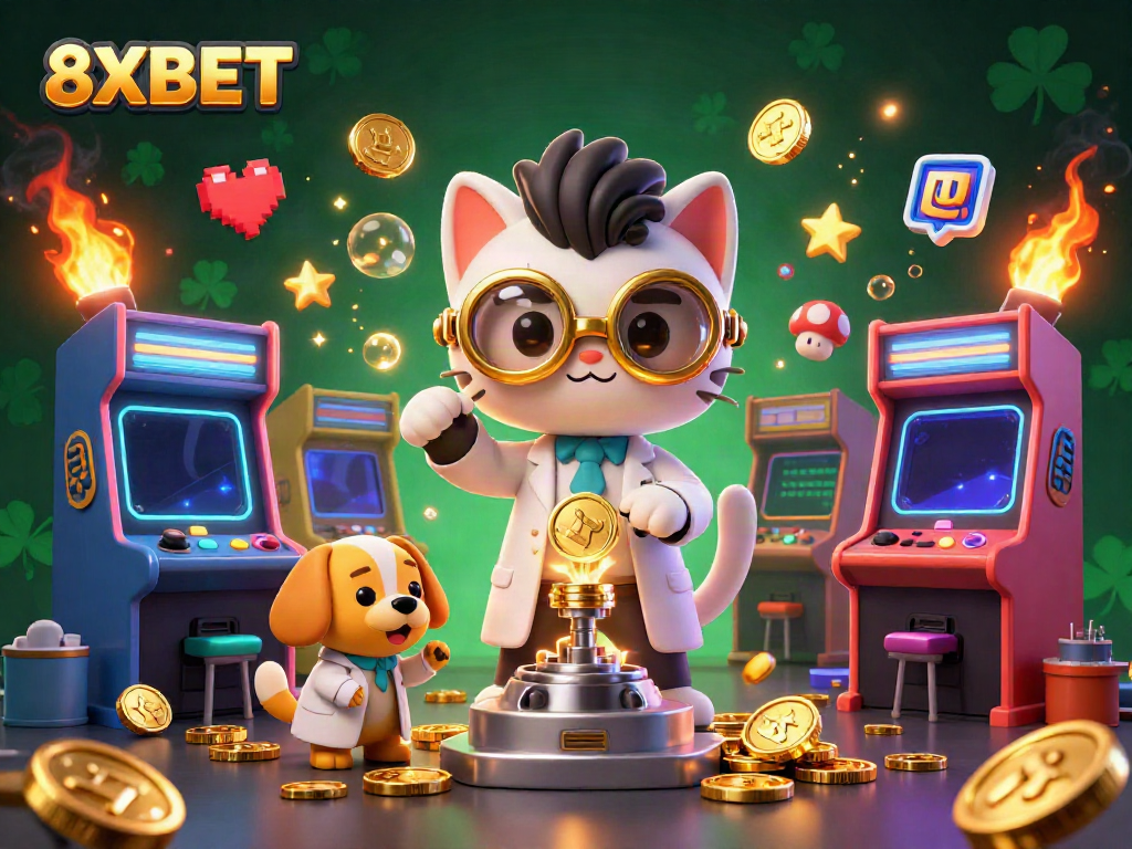 Engage with the 8XBET cartoon scene featuring a mad scientist cat creating gold coins with vibrant gaming elements.