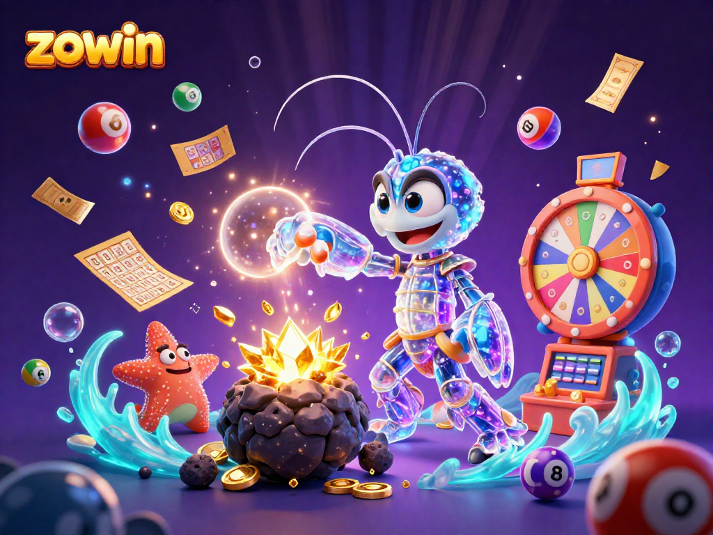 Zowin enhances gaming excitement with a galactic mantis shrimp amidst golden cheer in a vibrant casino scene.