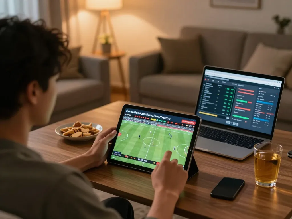 Engaging scene of user checking kết quả bóng đá on tablet with sports analysis tools.