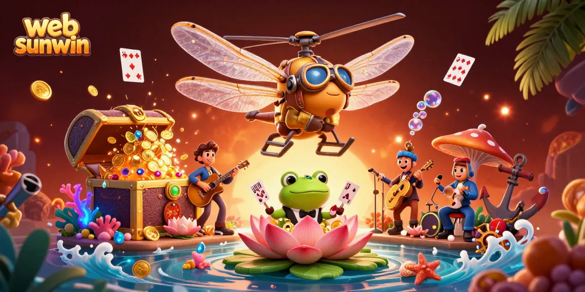 Experience thrilling gameplay at web sunwin with vibrant dragonfly pilot and frog croupier in a lively casino scene.