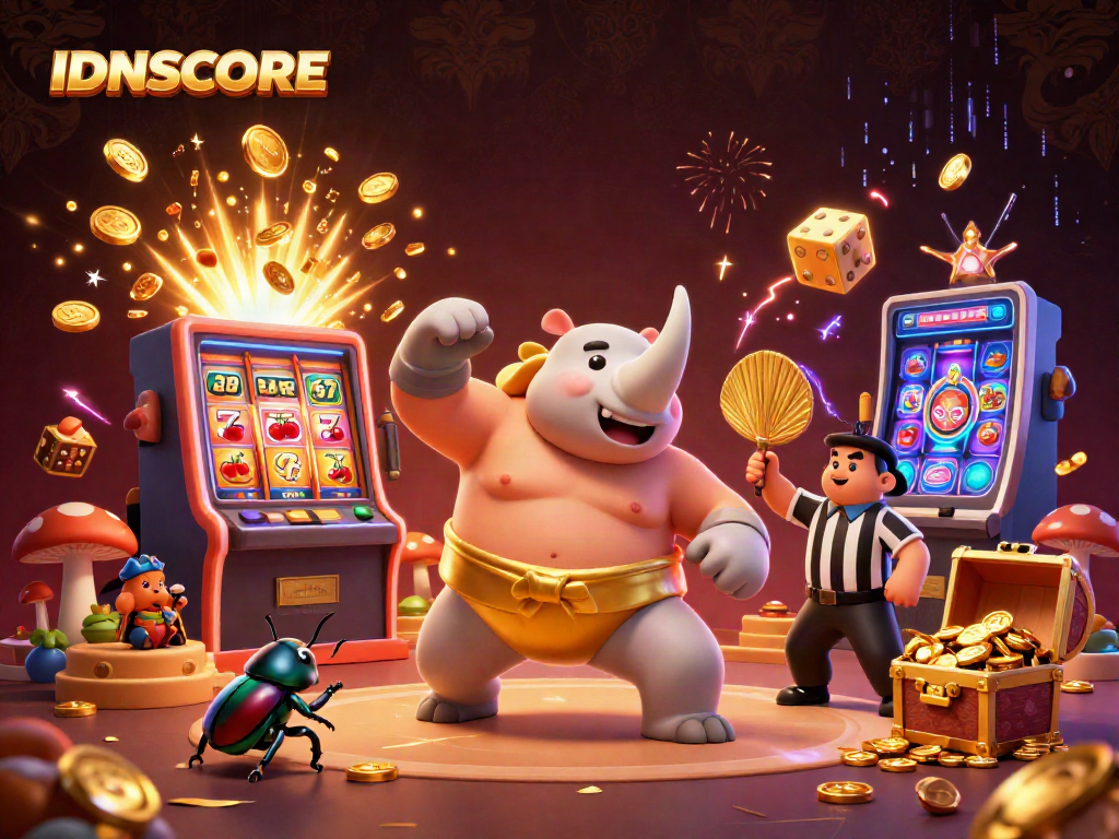Experience excitement with IDNSCORE as a sumo champion beetle and cricket referee in a vibrant casino scene.