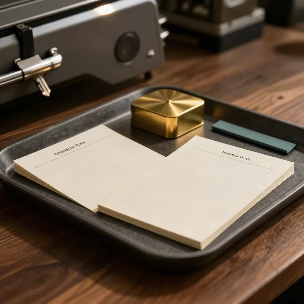 Graphite ops tray with blank cards and brass paperweight on walnut, lit dramatically