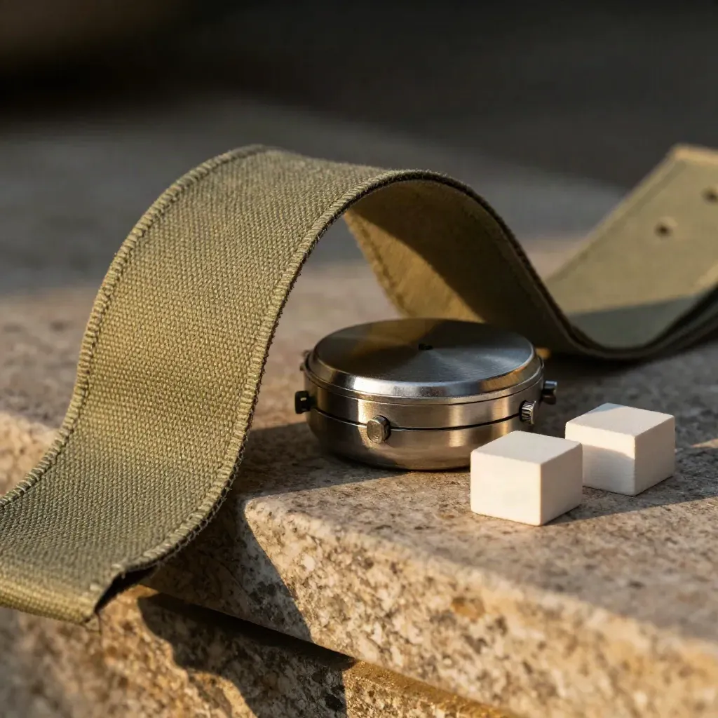 Close-up of canvas strip, metal watch case, and alignment blocks on stone