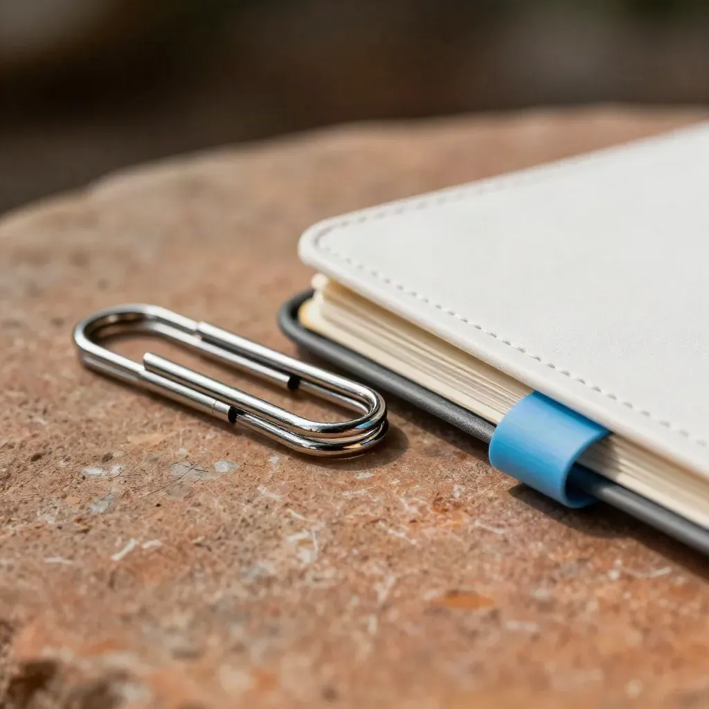 Top-down macro of chrome cable clips, closed notebook, and clip stack on warm stone.
