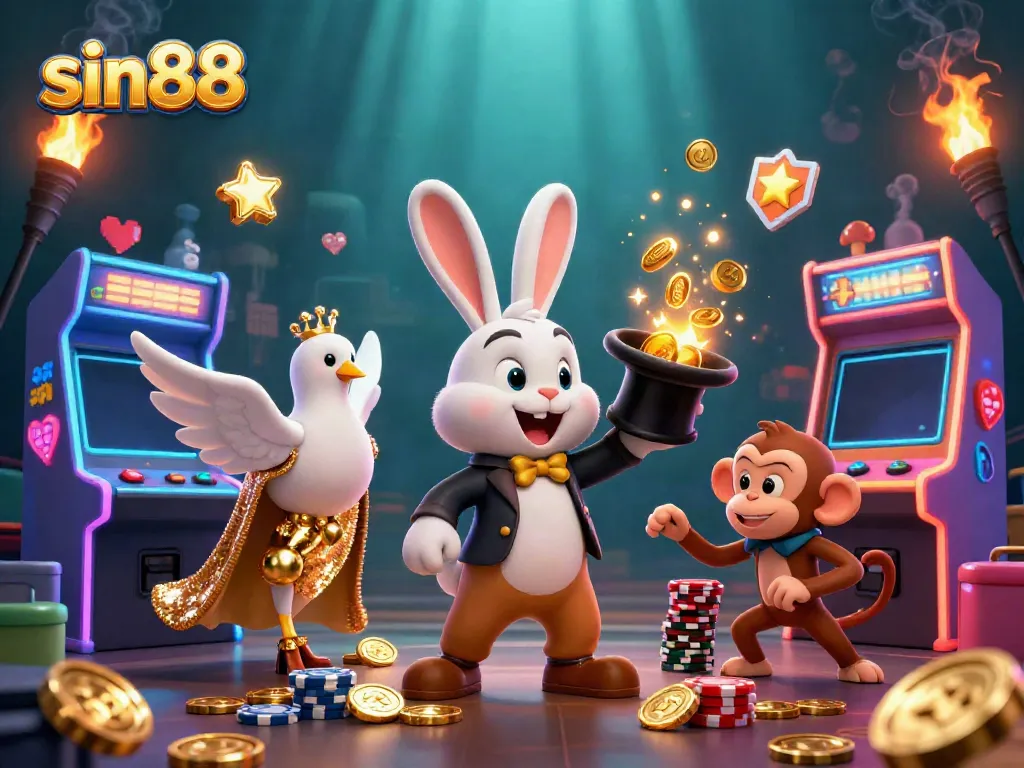 Engage with sin88's vibrant 3D casino scene featuring a magician rabbit, dove, and monkey in an exciting game atmosphere.