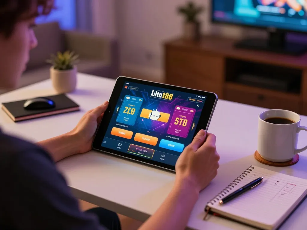 Enjoying loto188 on a tablet during a cozy online gaming session at home
