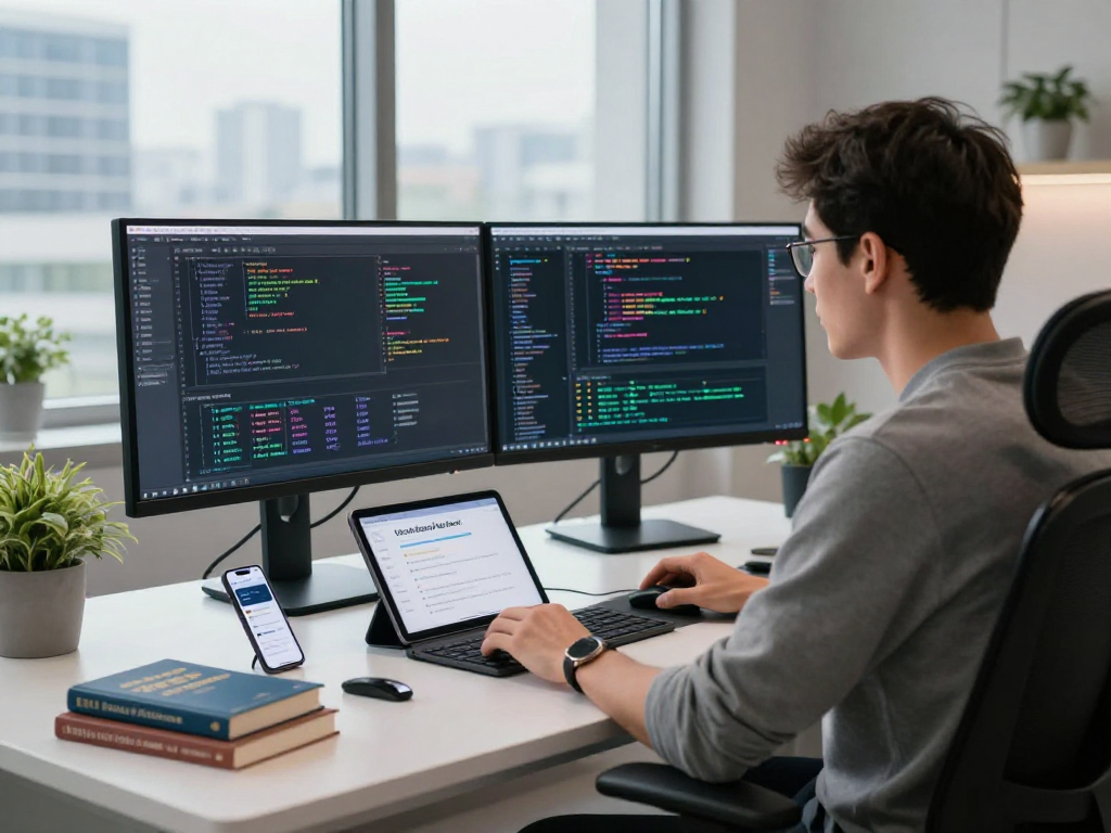 Developer utilizing acrossprotocol at modern tech workspace, showcasing dual monitors with blockchain data and a collaborative setup.
