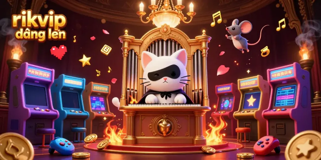 Experience the vibrant world of rikvip đăng nhập with a dynamic 3D illustration, showcasing a phantom cat and game elements.