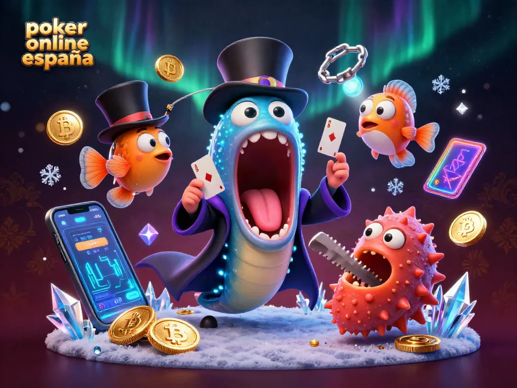 Poker online España: escena mágica con una anguila haciendo trucos de cartas y un pez linterna como foco.
