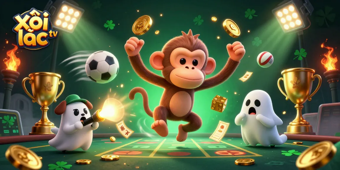 Xôi lạc tv features a mischievous poltergeist monkey juggling gold coins in a vibrant casino scene.