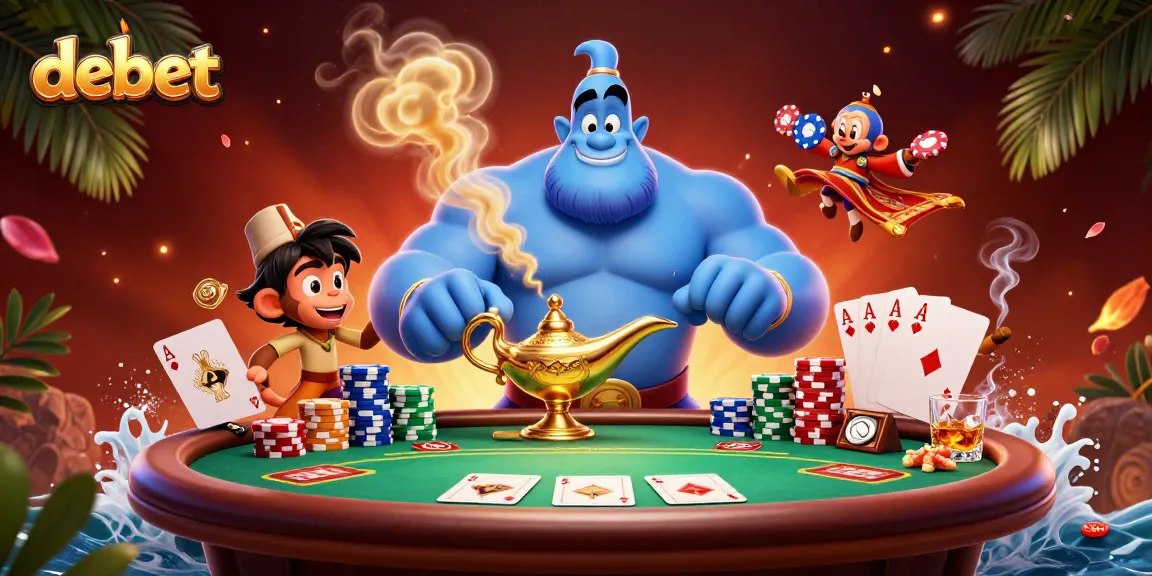 Experience debet with a vibrant 3D casino scene featuring playful characters and poker elements.