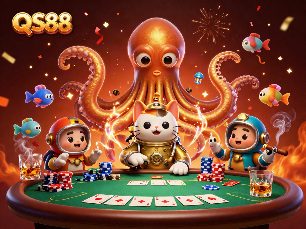 Engage in thrilling gambling action with QS88 at the vibrant underwater casino with a kraken and diving cat.
