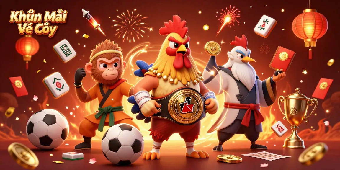 Khuyến Mãi Vé Cược offers a vibrant 3D illustration of a Muay Thai rooster, Shaolin monkey, and crane master in a dynamic, lively sports betting scene.
