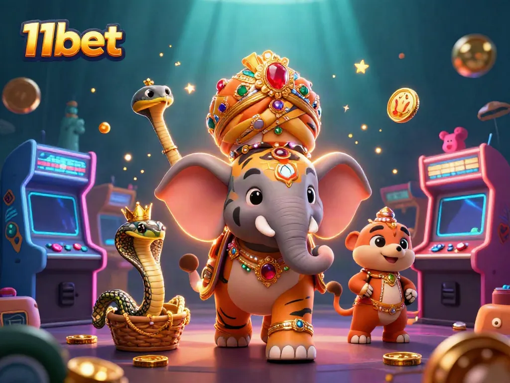 Experience the thrill of 11bet with a lively 3D illustration featuring a majestic maharaja tiger and casino elements.