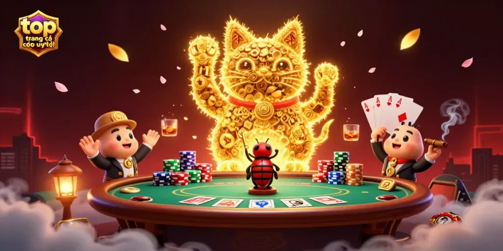 Khám phá top trang cá cược uy tín với hình ảnh chú mèo may mắn và biểu tượng casino rực rỡ.