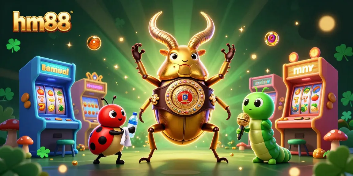 Experience gaming excitement with hm88's vibrant casino scene featuring slot reels and colorful characters.