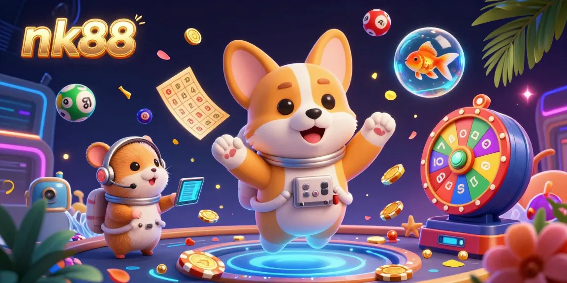 Experience exciting gameplay at nk88 with colorful lottery balls and vibrant casino elements floating around.