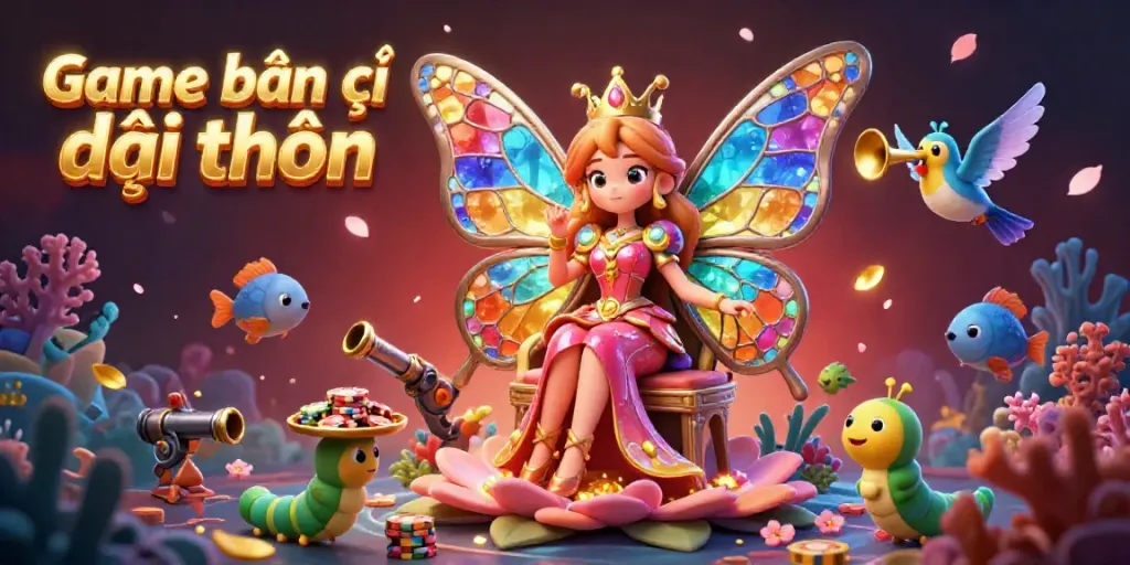 Experience the thrill of Game bắn cá đổi thưởng with a vibrant underwater scene featuring a butterfly queen and marine creatures.