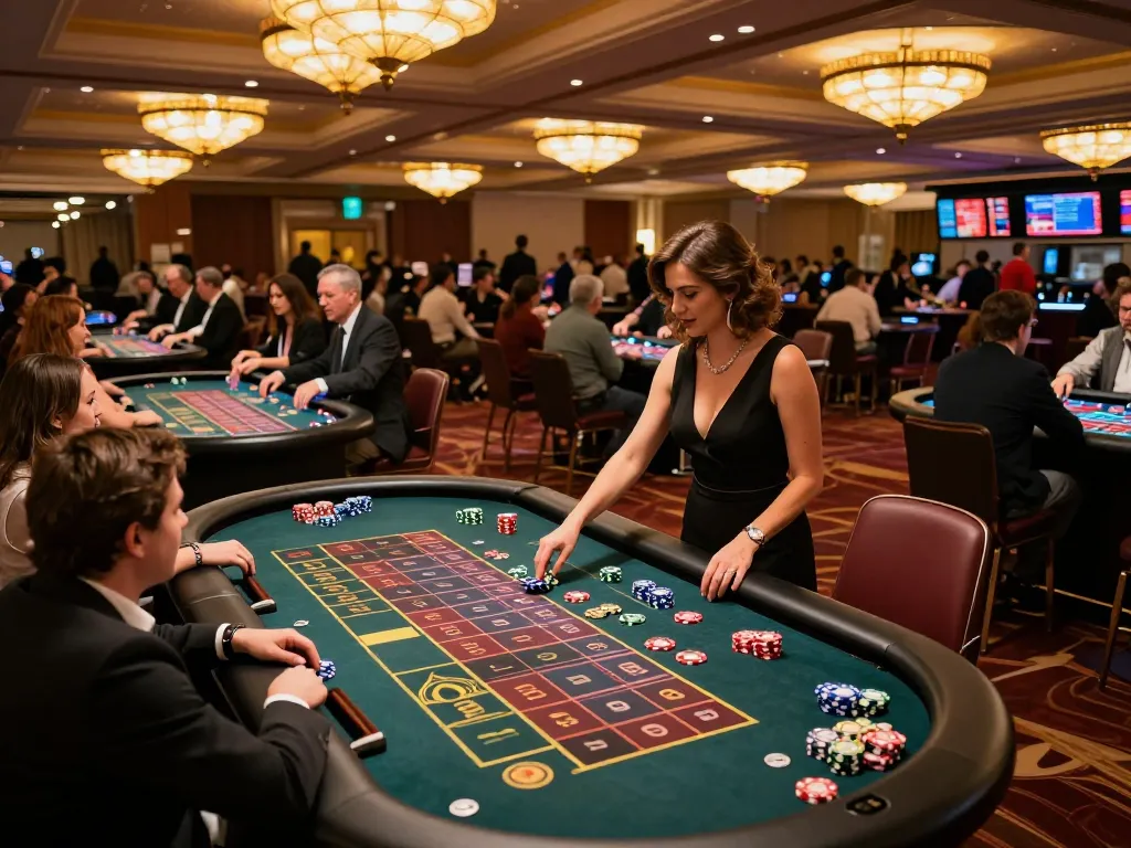 VA88 roulette action with players placing bets and croupiers spinning the wheel in a lively casino.