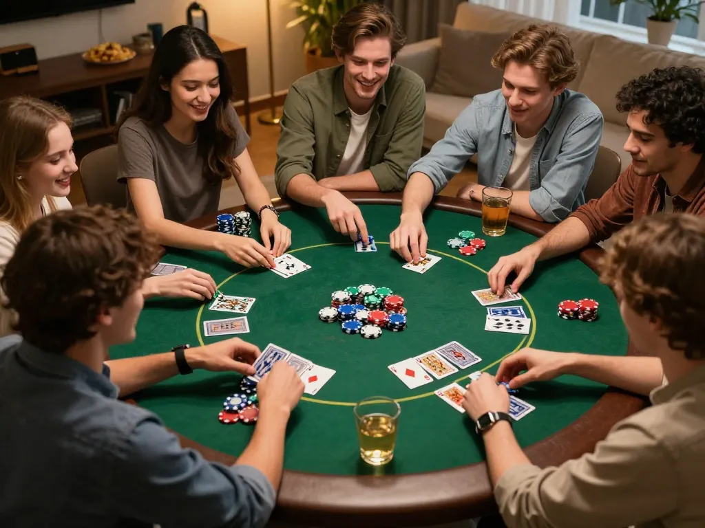 Friends enjoying a poker game at home while engaging with CAKHIATV for real-time updates.