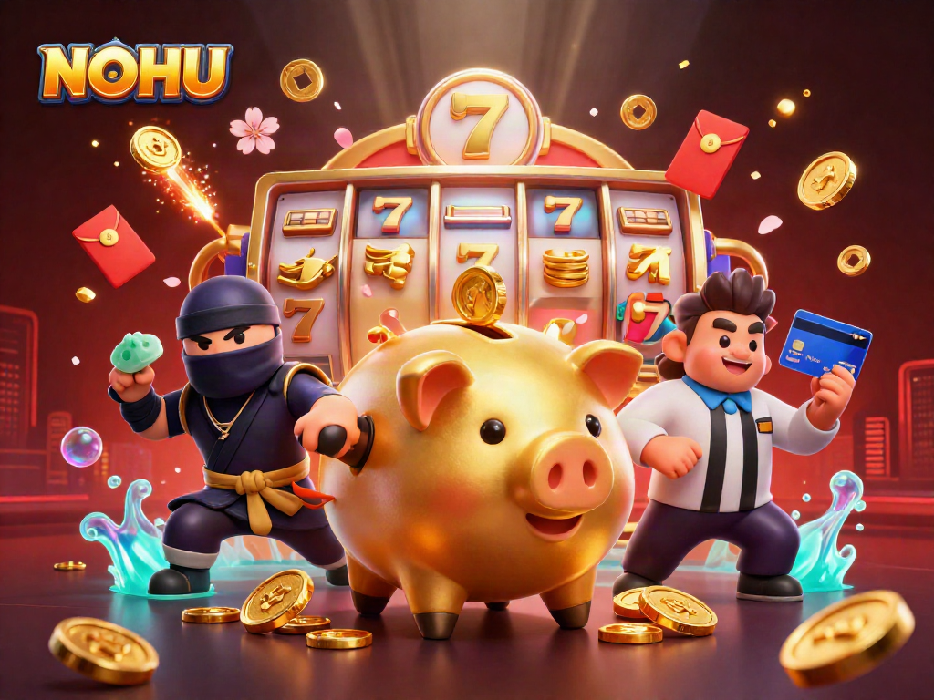 Experience thrilling jackpots with NOHU as golden coins spill from a cartoon piggy bank sumo wrestler.