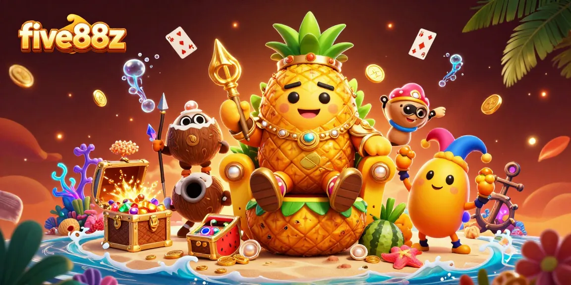 Experience the vibrant five88z beach casino scene with a golden pineapple king and energetic characters.