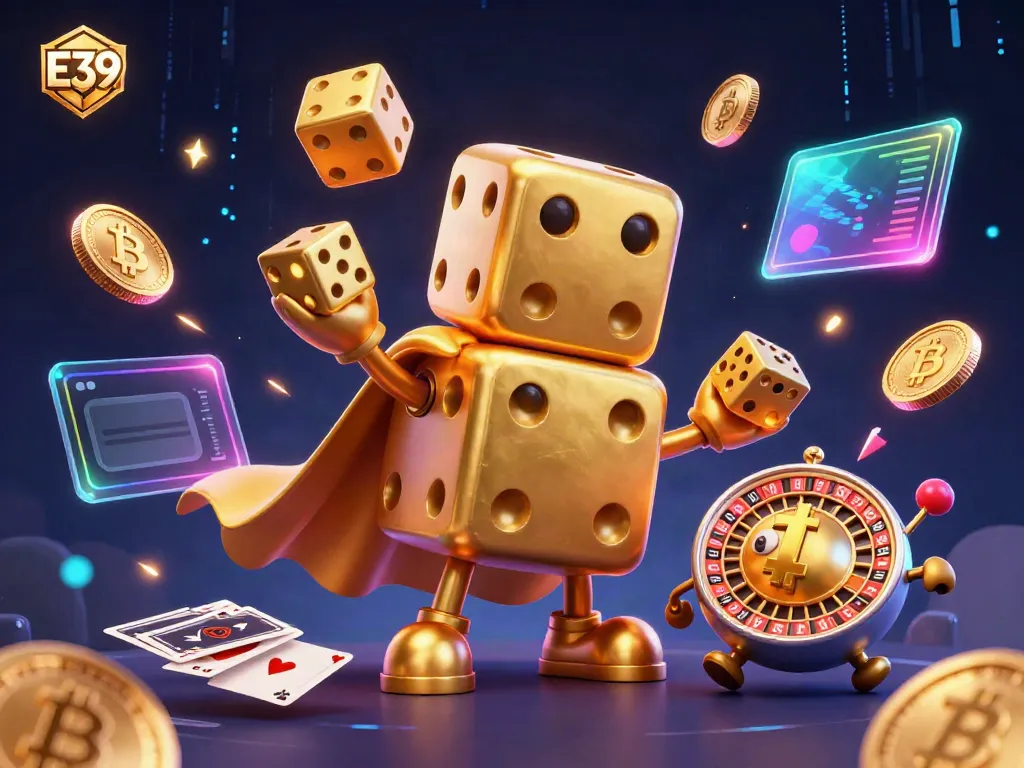 Experience the thrill of E39 online casino with golden dice and crypto elements in this vibrant illustration.