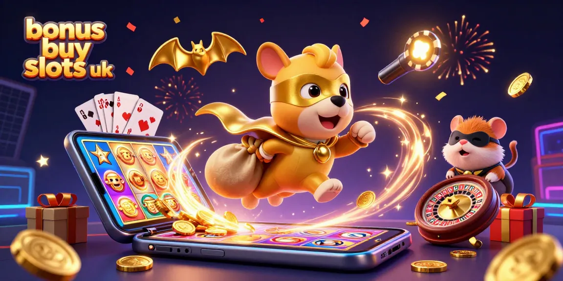 Engage with bonus buy slots UK as a superhero dog and hamster navigate a vibrant casino scene.