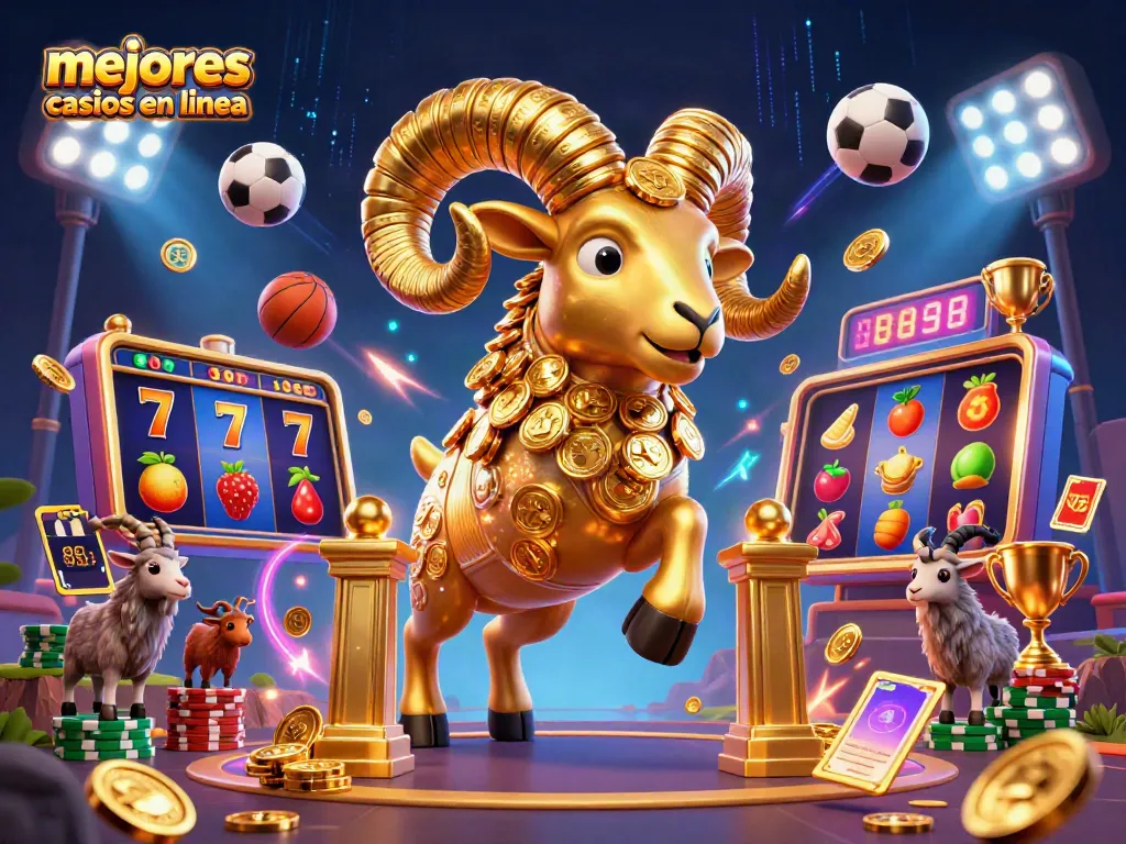 Visualiza los mejores casinos en línea a través de un ilustrativo 3D con un carnero dorado y elementos de juego emocionantes